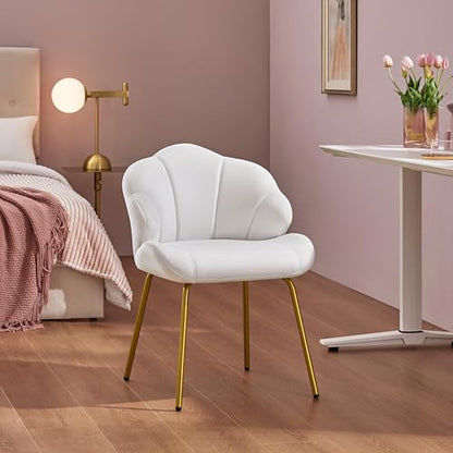 Yaheetech Vanity Chair, Velvet Accent Chair with Shell-Shaped Backrest, Modern Armchair with Gold Metal Legs for Dressing Room/Bedroom/Living Room, White