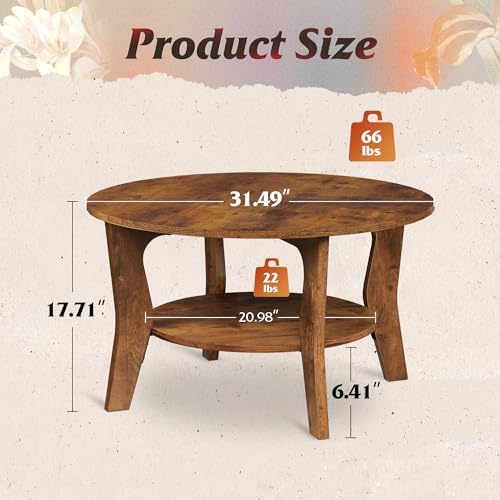 Round Coffee Table, 2-Tier Small Coffee Table with Storage Shelf, Circle Wood Center Table for Living Room, Apartment, Easy Assembly, Rustic Brown