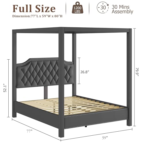 Full Size Canopy Bed Frame with Nailhead Decoration Headboard, view 3