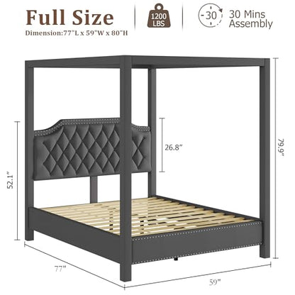 Upholstered Full Size Bed Frame with Canopy Poles and Headboard, view 3