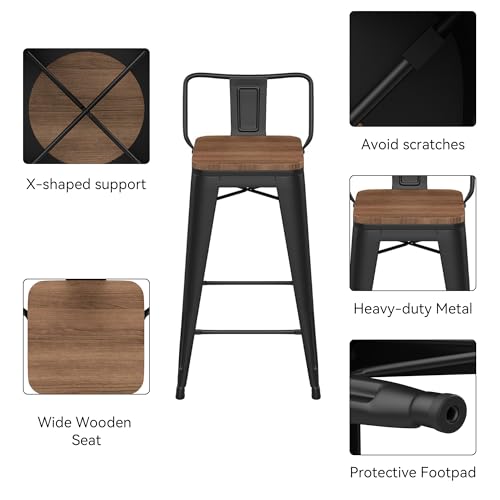 26" Low Back Metal Counter Stool Height Bar Stools with Wooden Seat [Set of 4] Barstools, Matte Black
