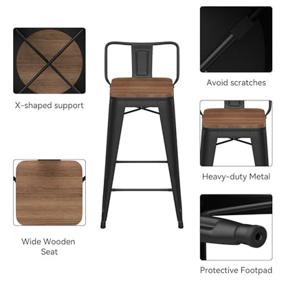26" Low Back Metal Counter Stool Height Bar Stools with Wooden Seat [Set of 4] Barstools, Matte Black