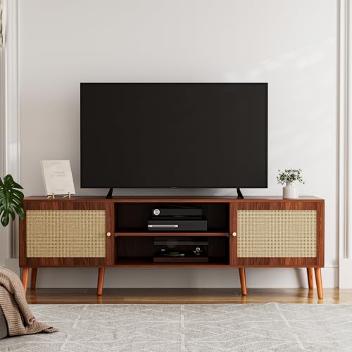 TV Stand with Rattan Doors for TVs up to 65", Mid-Century, Walnut, view 8