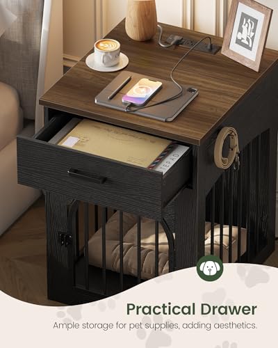 Dog Crate Furniture, Wooden Dog Kennel with Charging Station and Storage Drawer, view 6