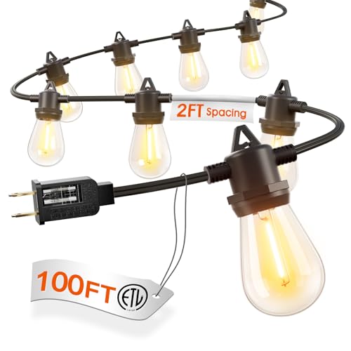 100FT Outdoor String Lights LED Waterproof Patio Lights with 54 Edison Dimmable Bulbs Shatterproof Hanging Lights for Outside Cafe Bistro Garden Balcony Porch Yard Gazebo Deck 2Packs*50FT