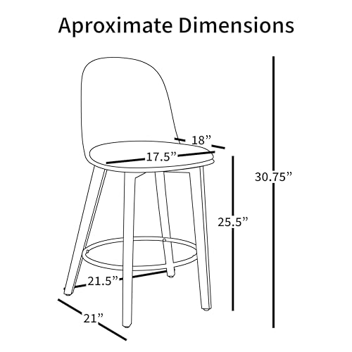 Set of 2 Counter Height Barstools | Mid Century Modern PU Leather Padded Seat | Solid Wood Legs with Round Metal Footrest | Kitchen Island Bar Chair | Non-Slip Feet, Black