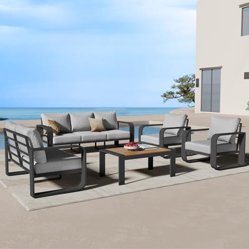 Oversized Aluminum Outdoor Furniture Set, Extra Large Patio Furniture Sofa Set 4.8” Widened Armrest & Ultra-Thick Cushions, 5 Pcs Modern Patio Sectional for Backyard, Porch, Gray