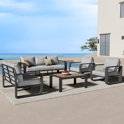Oversized Aluminum Outdoor Furniture Set, Extra Large Patio Furniture Sofa Set 4.8” Widened Armrest & Ultra-Thick Cushions, 5 Pcs Modern Patio Sectional for Backyard, Porch, Gray