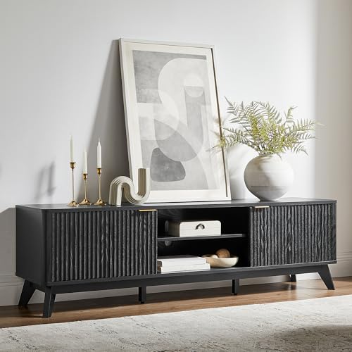 70" Mid-Century Modern Fluted TV Stand, 2 Soft-Close Doors, Black Oak, view 2