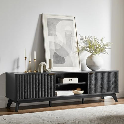 70" Mid-Century Modern Fluted TV Stand, 2 Soft-Close Doors, Black Oak, view 2