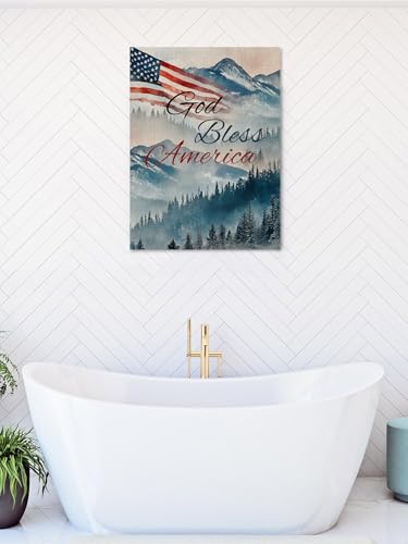 NuYeBiofx God Bless American Usa Flag Canvas Wall Art Prints,48"x32" Framed Picture Artwork Mountain Forest Tree Printed Canvas Oil Painting for Living Room Bedroom Office,Ready to Hang