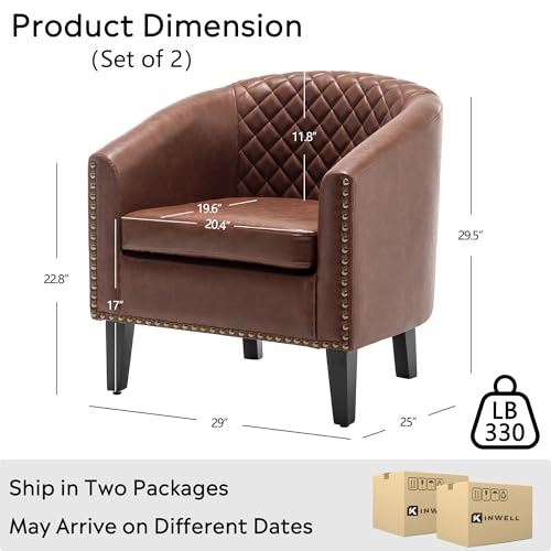29" W Faux Leather Barrel Chairs Set of 2, Modern PU Upholstered Tufted Club Chairs with Nailhead Trim, Small Armchairs Accent Chairs for Living Room Bedroom Apartment Lounge Nursery, Brown