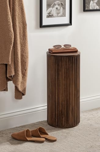 Reid Modern Wooden Ribbed Drink Table; 10 x 10 x 22; Walnut Brown; Solid Wood Mini Table for Use as Pedestal Plant Stand Indoors or Small Nightstand Option