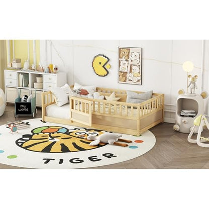 Montessori Wooden Floor Bed Frame, Integrated Kids Sleeping Bed with Safety Barrier and Access Door, Sturdy Pine Bedroom Furniture for Children Daily Rest (Natural,78 * 41'' +Support Plate)