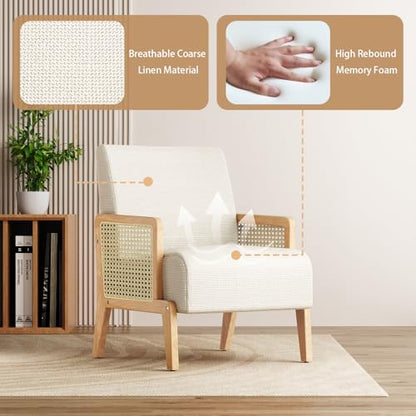 Modern Accent Chair with Rattan Armrest, Linen Fabric Arm Chair with Ash Wood Legs, White Accent Chair for Living Room, Bedroom, Balcony