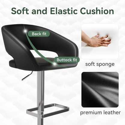 Adjustable Bar Stool with Hollow Back and Arms, Modern PU Leather Swivel Barstool, Airlift Counter Height Bar Chair for Kitchen Dining Room (Black)