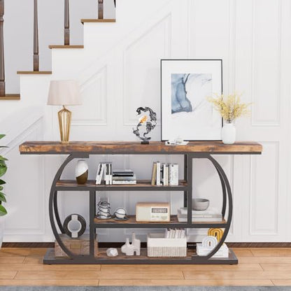 63" Narrow Console Table with Storage, 4-Tier Sofa Table Behind Couch, Industrial Entryway Accent Table with Metal Frame for Living Room, Hallway, Foyer