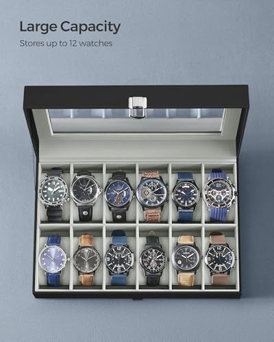 Watch Box, 12-Slot Watch Case Organizer with Large Glass Lid, Removable Pillows, view 7
