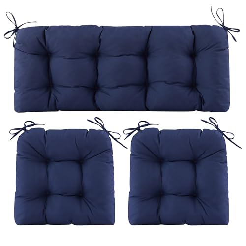 Wicker Chair Cushions of 3 Pieces, Waterproof Cushions for Patio Furniture, Tufted Wicker Outdoor Furniture Cushions, 1 Patio Loveseat Cushion and 2 U-Shaped Cushions, 44"x19"x5", Navy Blue