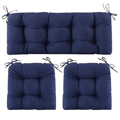 Wicker Chair Cushions of 3 Pieces, Waterproof Cushions for Patio Furniture, Tufted Wicker Outdoor Furniture Cushions, 1 Patio Loveseat Cushion and 2 U-Shaped Cushions, 44"x19"x5", Navy Blue