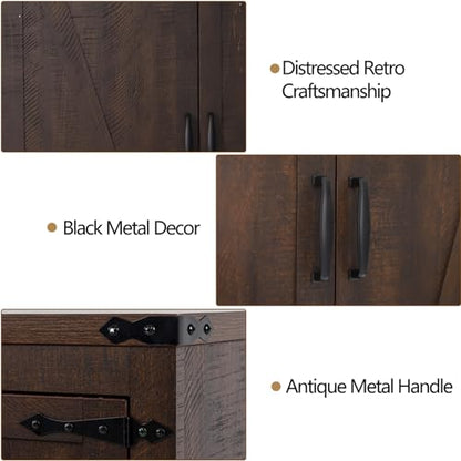71" Tall Kitchen Pantry,Farmhouse Storage Cabinet with Adjustable Shelves,Load-Bearing Steel Pipe,Farmhouse Pantry Cabinet with 4 Barn Doors, for Kitchen,Dining Room,Living Room(Brown)