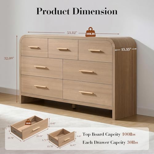 Curved Drawer Dresser for Bedroom with 7 Drawers, 54'' Wide Chest of Drawer, view 3