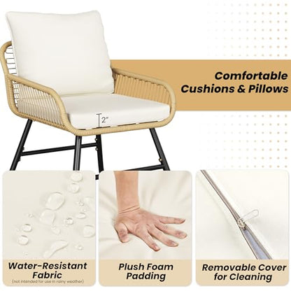 Yaheetech 4 Piece Patio Furniture Set, Outdoor Wicker Conversation Sets, Boho Loveseat & 2 Armchairs with Cushion and Pillow, Glass Top Table for Backyard, Porch, Balcony, Deck - Tan/Cream