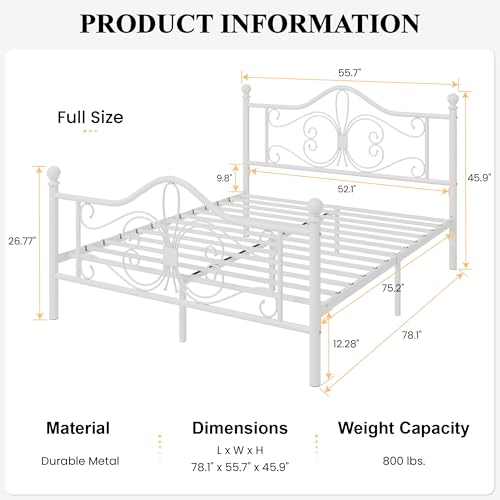 Full Size Metal Bed Frame with Butterfly Headboard, White, view 3