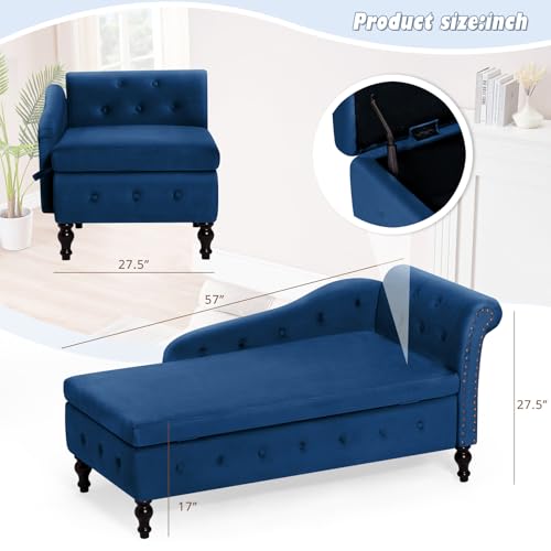Velvet Chaise Lounge w/Right Armrest & Storage Space, Blue, view 3