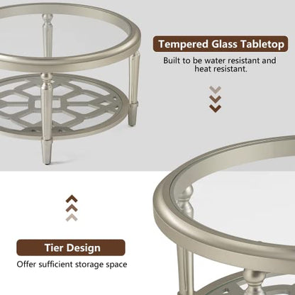 32" Round Glass Coffee Table with Storage, 2-Tier Modern Champagne Center Table for Living Room, Elegant Clear Glass Top Accent Table with Pine Wood Frame, Simple Home Office Furniture