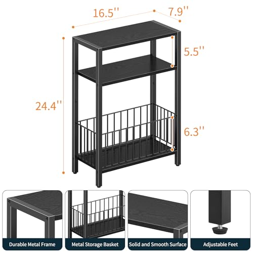 Narrow Side Table with Storage Basket, Small End Table for Small Spaces, Skinny Side Tables Living Room Bedroom Office, Slim Nightstand 3 Tier Bedside Table Space-Saving for Magazine, Black