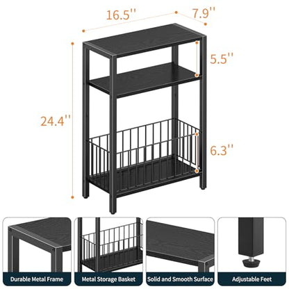 Narrow Side Table with Storage Basket, Small End Table for Small Spaces, Skinny Side Tables Living Room Bedroom Office, Slim Nightstand 3 Tier Bedside Table Space-Saving for Magazine, Black
