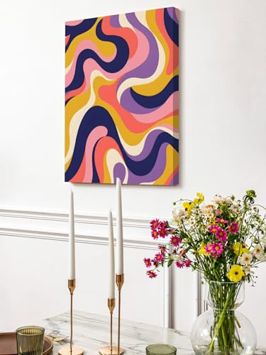 NuYeBiofx Retro Abstract Colorful Stripes Canvas Wall Art Prints,48"x32" Framed Picture Artwork Wavy Fluid Swirling Line Printed Canvas Oil Painting for Living Room Bedroom Office,Ready to Hang
