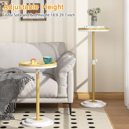 Small Side Table, Drink Table, Height Adjustable Round End Table, Pedestal Side Table for Small Spaces in Living Room, Bedroom, Gold