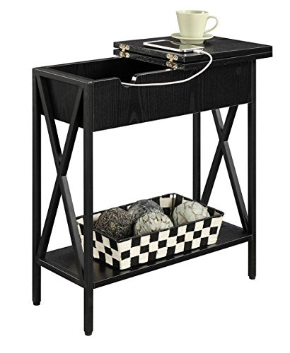 Tucson Flip Top End Table with Charging Station 23.75" - Modern Living Room Table with Storage Shelf, Side Table Side Table, Black/Black