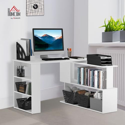 47 Inch L Shaped Desk, Corner Computer Desk, 360 Degree Rotating Home Office Desk with Storage Shelves, Writing Table Workstation, White