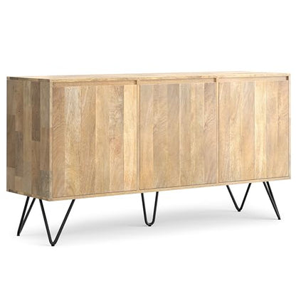 Hunter Buffet - 60 inch Wide Solid Mango Wood 3-Door Sideboard Buffet in Natural, Contemporary Storage Cabinet for Dining Room or Kitchen with Adjustable Shelves and Metal Legs