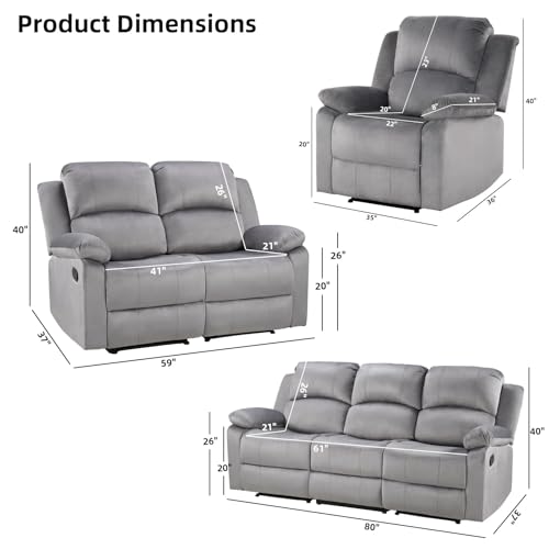 Manual Recliner Sofa Set, Microfiber Reclining Couch Furniture Set for Living Room, Includes 1 Recliner Chair, 1 Loveseat Sofa and 1 3-Seater Reclining Couch, Grey