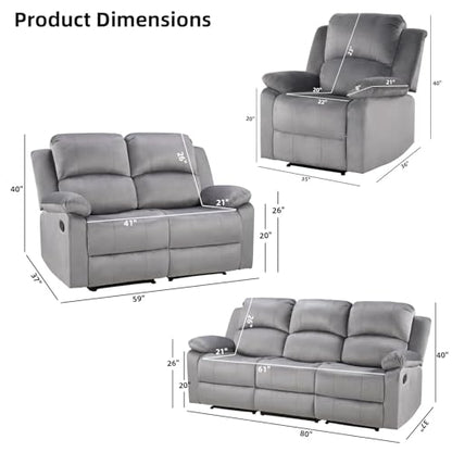 Manual Recliner Sofa Set, Microfiber Reclining Couch Furniture Set for Living Room, Includes 1 Recliner Chair, 1 Loveseat Sofa and 1 3-Seater Reclining Couch, Grey
