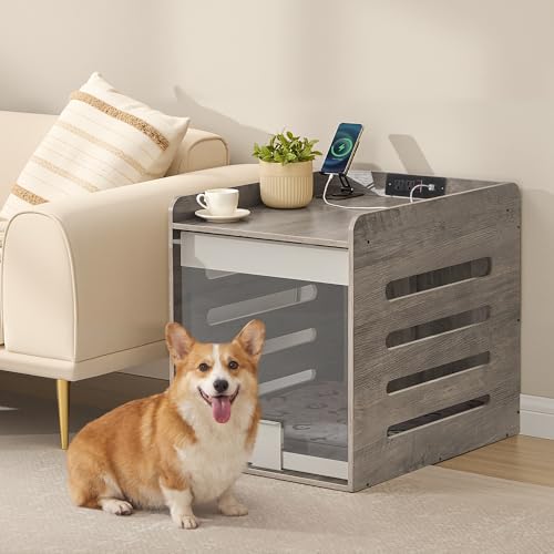 Dog Crate Furniture, Flip-Up Hidden Acrylic Door, Charging Station, view 2