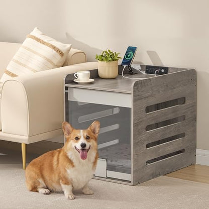 Dog Crate Furniture, Flip-Up Hidden Acrylic Door, Charging Station, view 2
