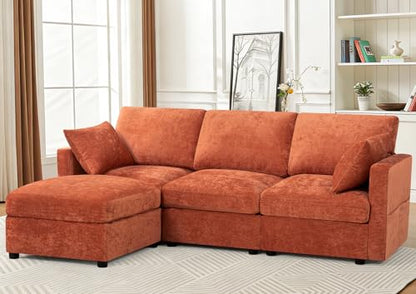 84” Chenille 3-Seats Sofa W/Movable Ottoman, Orange | Modern Fabric L-Shaped Couch w/Soft Backrests, Upholstered Sectional Sofa w/Arm Pillows for Living Room