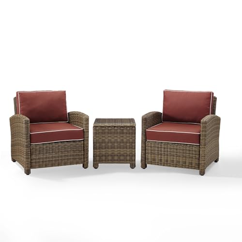 Crosley Furniture KO70052WB-SG Bradenton Outdoor Wicker 3-Piece Seating Set (2 Arm Chairs, Side Table), Weathered Brown with Sangria Cushions
