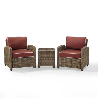 Crosley Furniture KO70052WB-SG Bradenton Outdoor Wicker 3-Piece Seating Set (2 Arm Chairs, Side Table), Weathered Brown with Sangria Cushions
