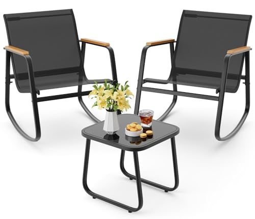 3 Piece Rocking Bistro Set, Textilene Fabric Patio Furniture Set, Front Porch Rocker Chairs with Coffee Table for Lawn, Garden, Balcony, Poolside (Black)