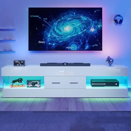 67" Modern TV Stand for 75 Inch TV, LED Entertainment Center, White, view 2
