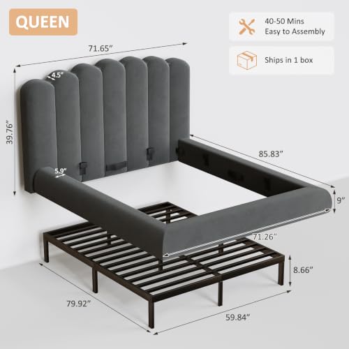 Queen Size Cloud Bed Frame with Wave Headboard, Plush Foam Upholstered Platform, view 3