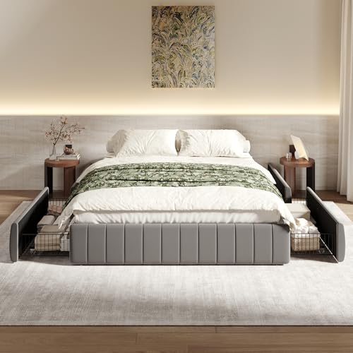 Full Size Velvet Upholstered Platform Bed Frame with 4 Storage Drawers, view 2