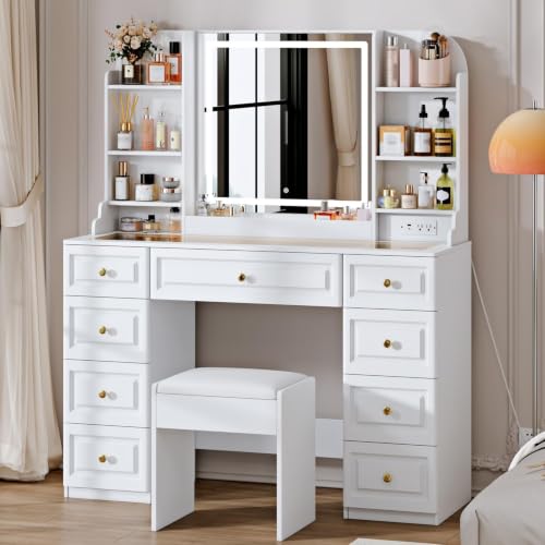 43" Makeup Vanity Desk with Mirror and Lights, & Power Outl, view 2