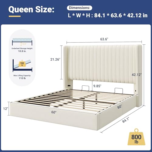 Queen Size Lift Up Storage Bed Frame Channel Tufted Headboard Cream, view 3